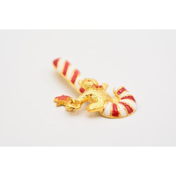 Vintage Christmas Candy Cane Pin Brooch Red White Enamel Gold Teddy Bear Bin7 - Picture 6 of 12